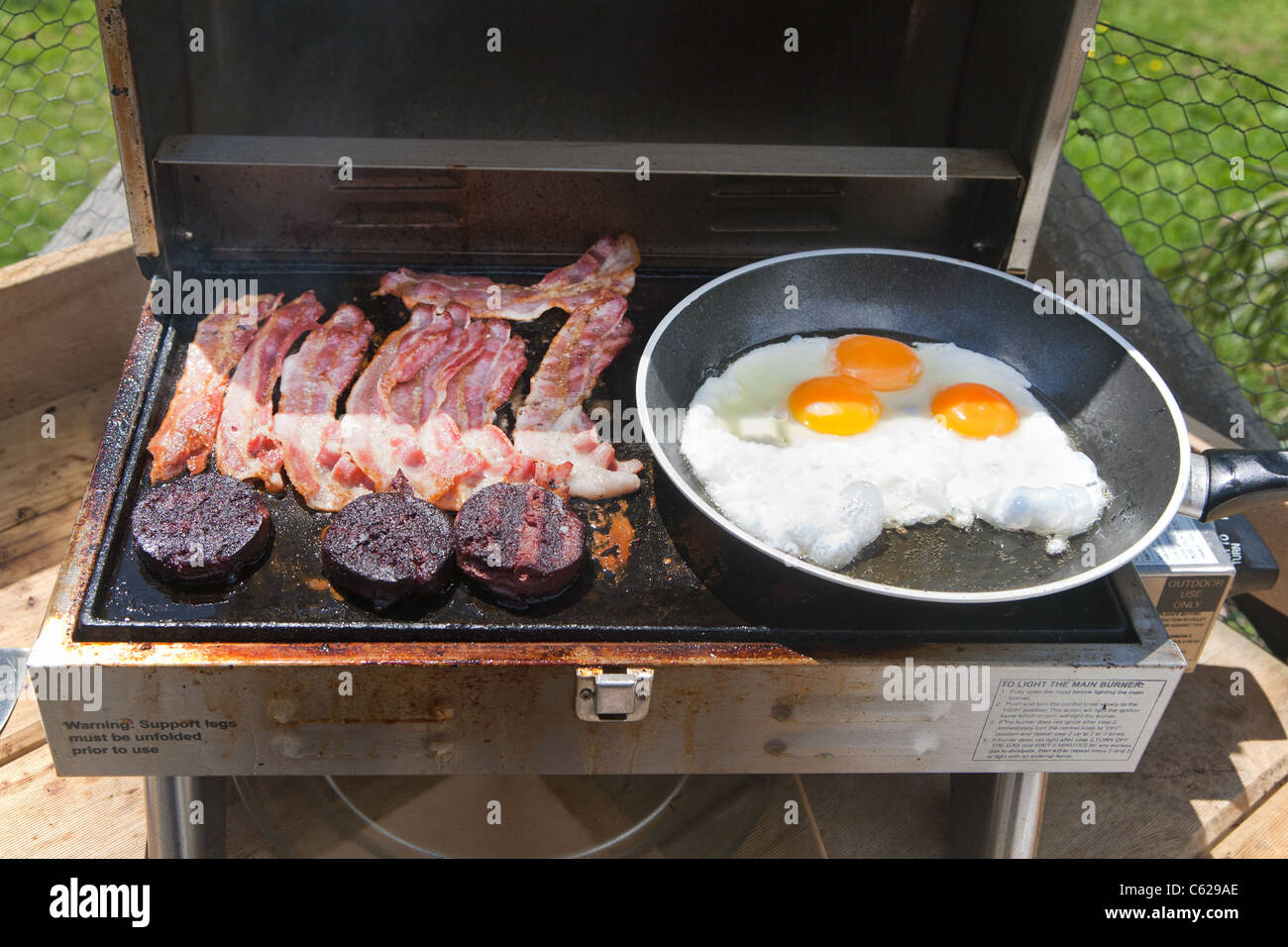 Fried eggs and bacon and black pudding cooking on a portable gas BBQ. Stock Photo
