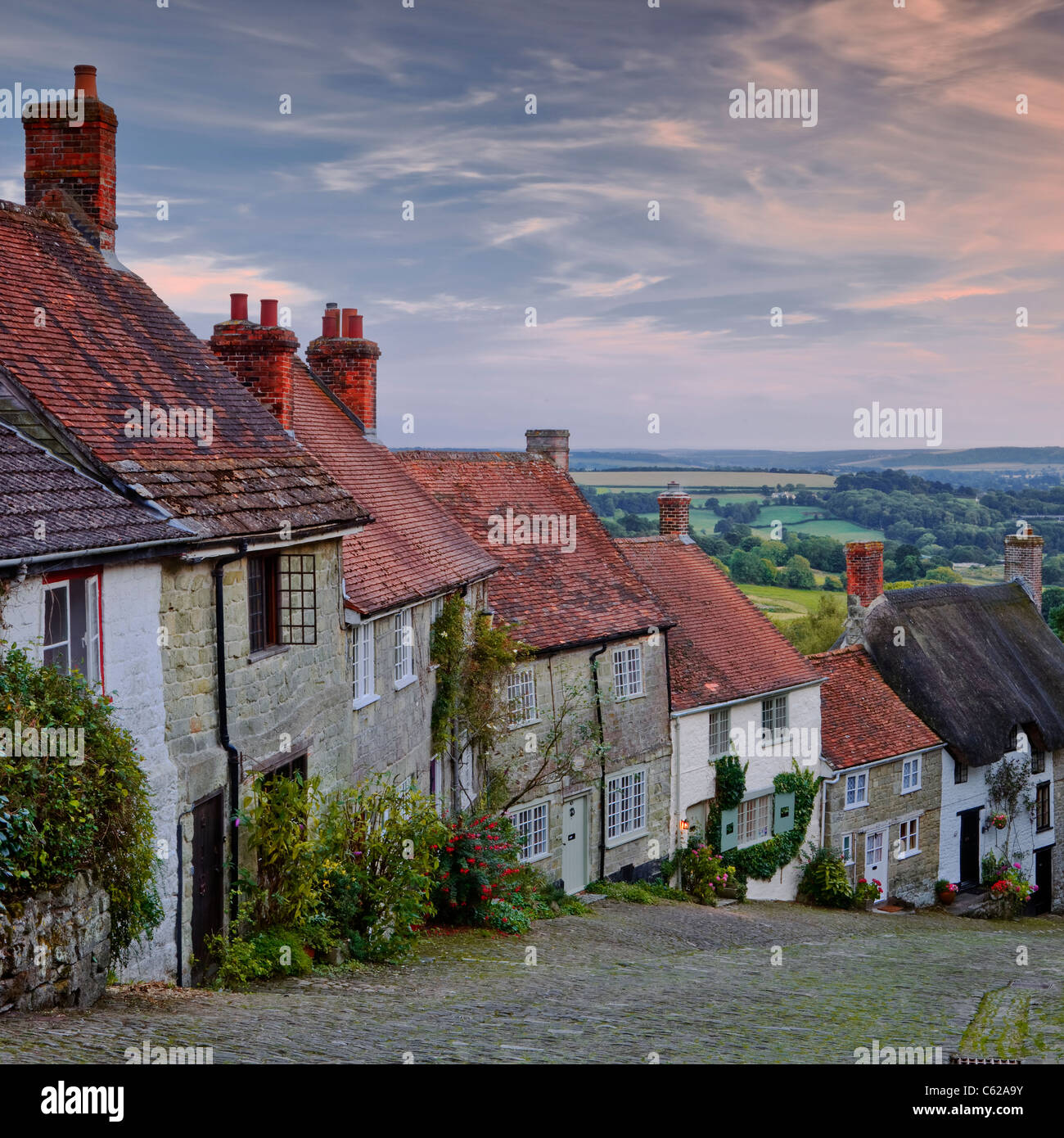 The iconic and classic view from Gold Hill in Shaftesbury, Dorset. The