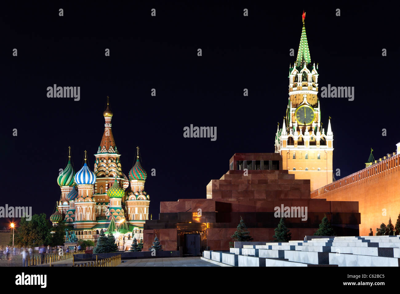 Red Square at night. View of St. Basil's Cathedral, the Spassky Tower and the Mausoleum of Lenin. Moscow. Russia. Stock Photo