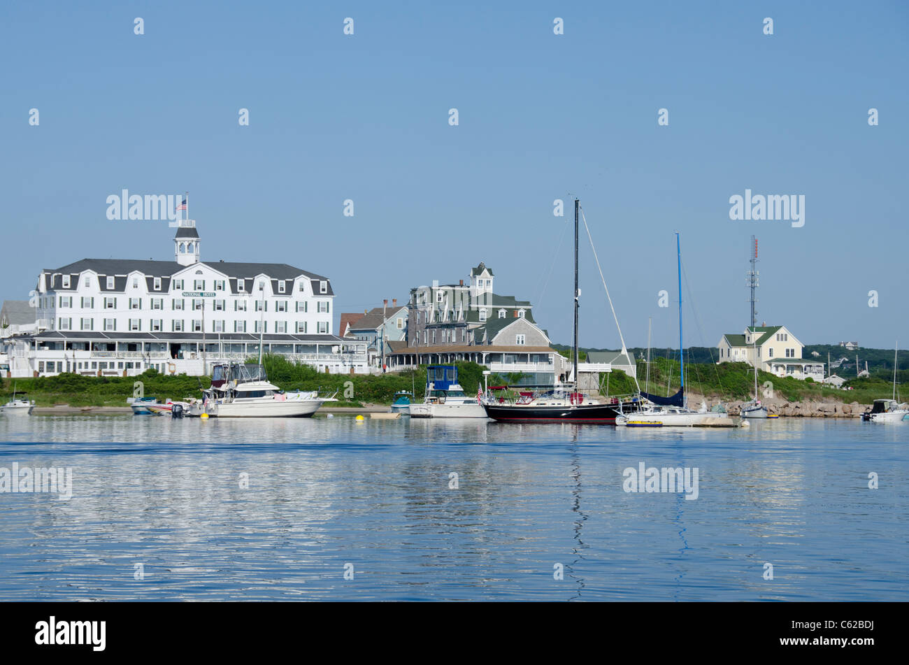 Rhode Island, Block Island (aka New Shoreham). The scenic harbor area of downtown Block Island. Stock Photo