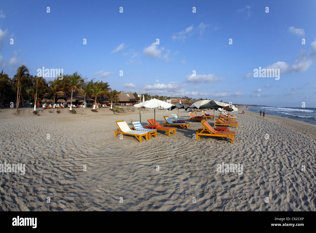 Deck chairs on the famous surf beach known as Zicatela Beach. Puerto Escondido, Oaxaca, Mexico, North America Stock Photo