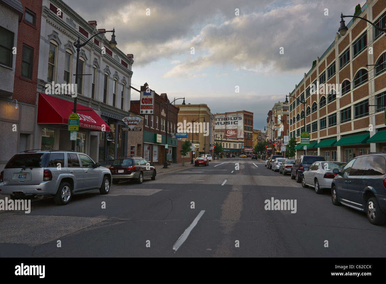 Historic downtown street in La Crosse Wisconsin USA nobody the road in