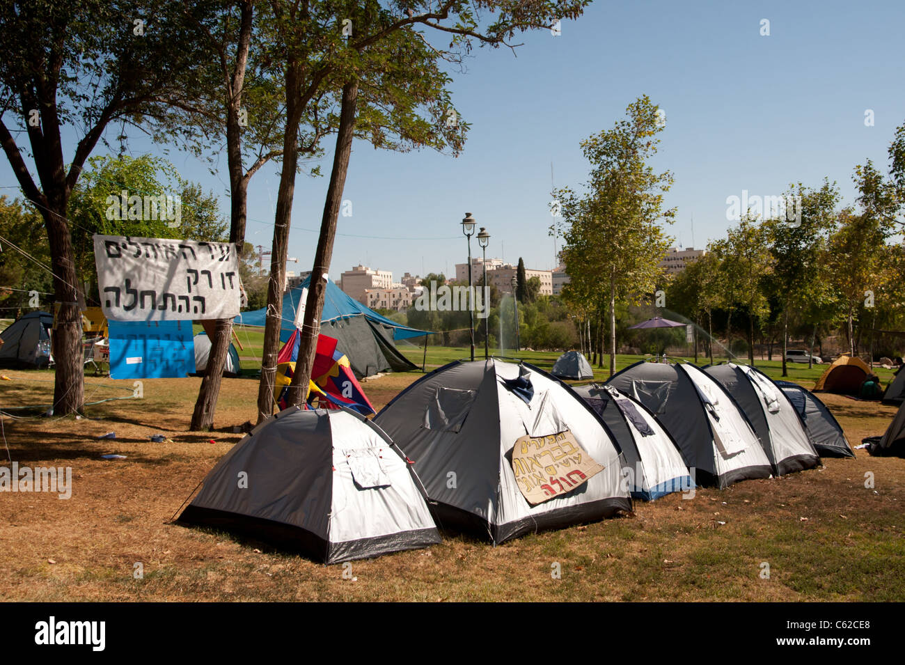A tent city pitched as part of Israel's nationwide 'social justice' protest movement occupies Jerusalem's Independence Park. Stock Photo