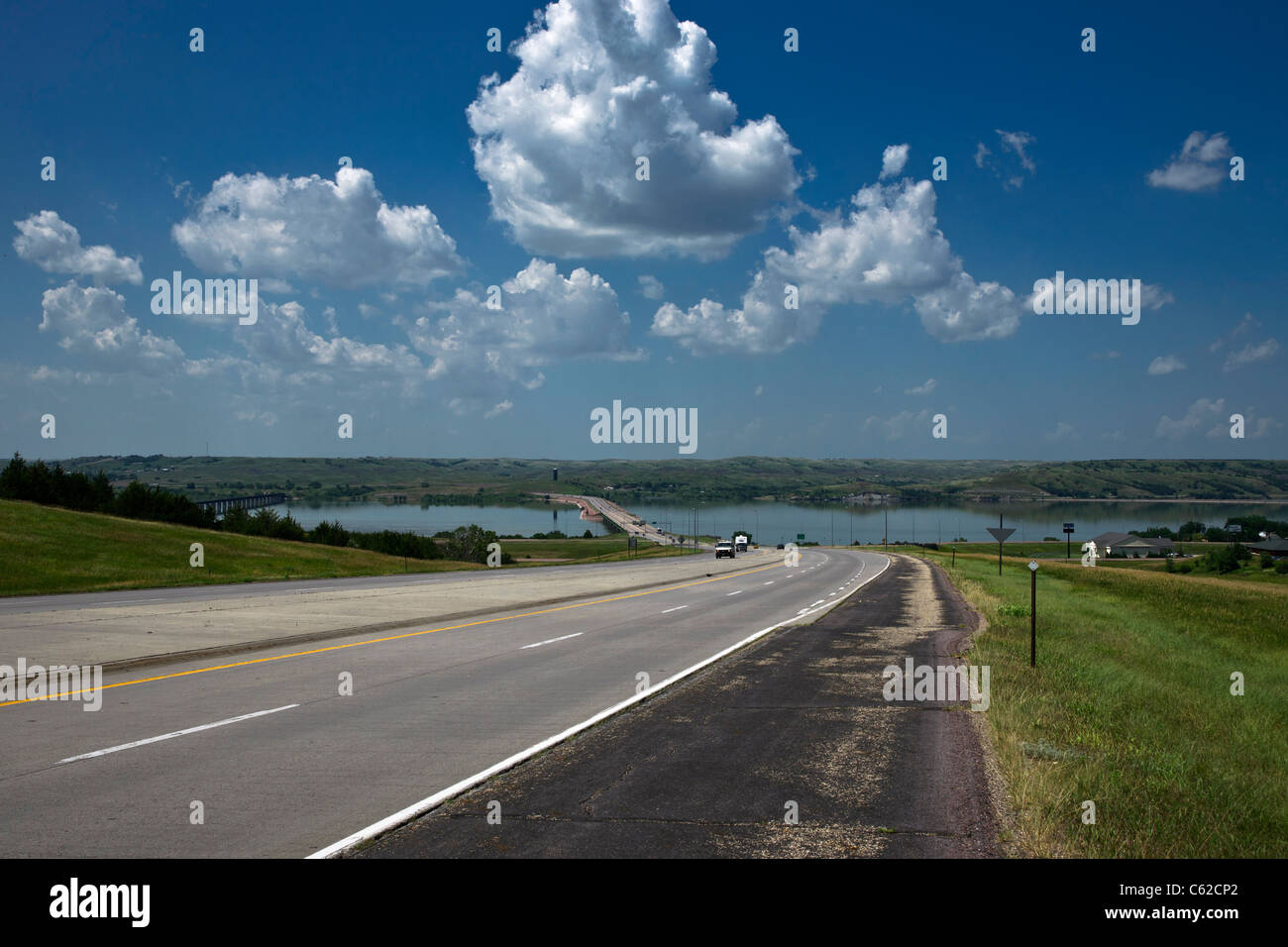 Missouri River bridge in Chamberlain South Dakota USA landscape view from the road with blue sky