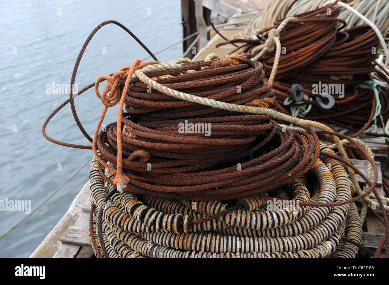 Fishermens nets and ropes in Torquay harbour Devon Uk Stock Photo