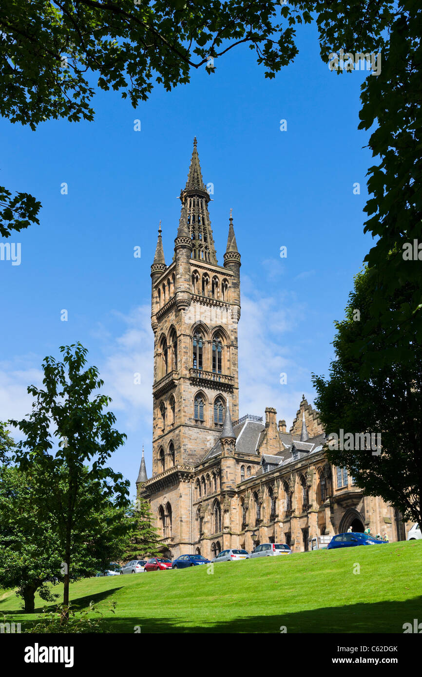 The 19thC tower of Glasgow University (designed by Sir George Gilbert Scott), West End, Glasgow, Scotland, UK Stock Photo