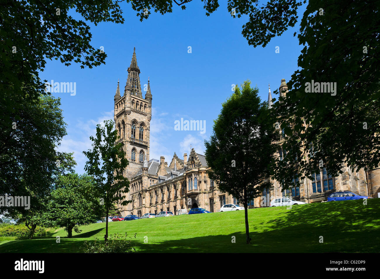 The 19thC tower of Glasgow University (designed by Sir George Gilbert Scott), West End, Glasgow, Scotland, UK Stock Photo