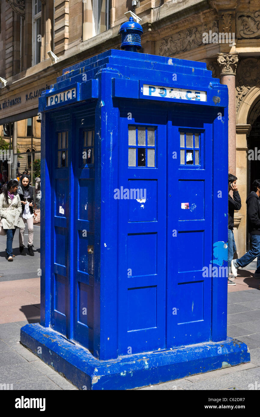 Old fashioned Police Box on Buchanan Street in the city centre, Glasgow, Scotland, UK Stock Photo