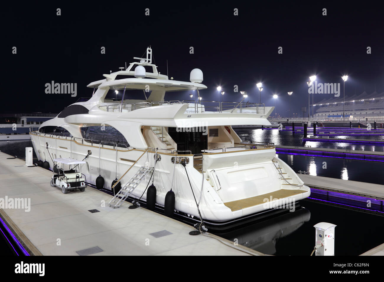 Luxury yacht in Yas Marina at night. Abu Dhabi United Arab Emirates
