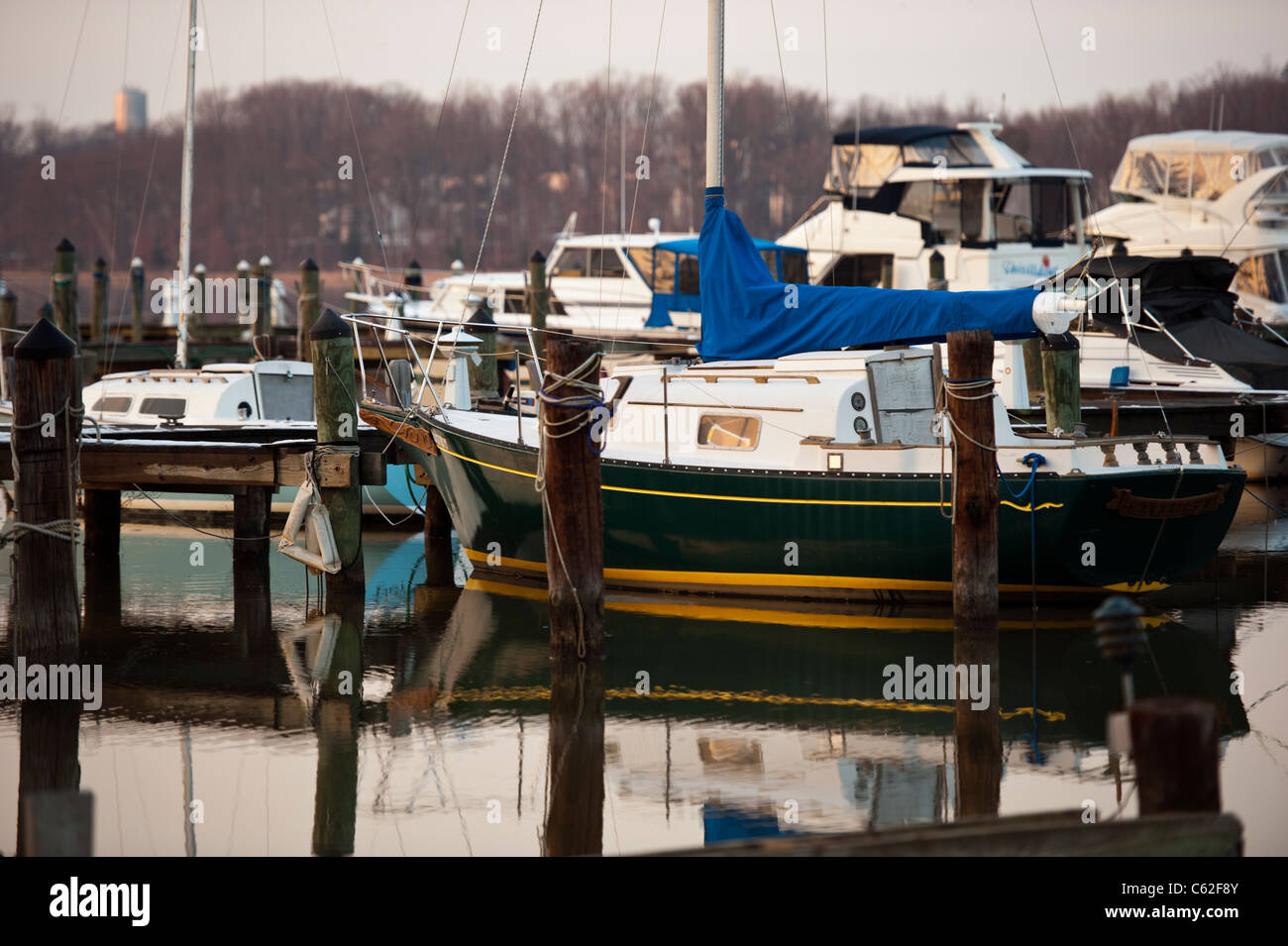 Boats docked in winter at a Virginia Marina Stock Photo