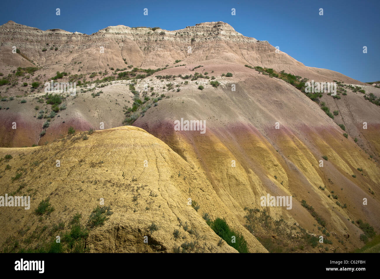 The Badlands National Park in South Dakota USA Colorful rugged rocky terrain hills and Yellow Mounds nobody outside horizon  landscape of .hi-res Stock Photo