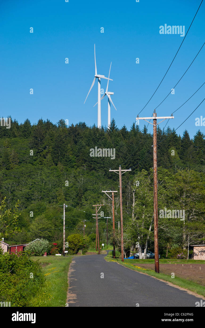 Wind turbines (windmills) near Grayland, Washington State, USA. Stock Photo