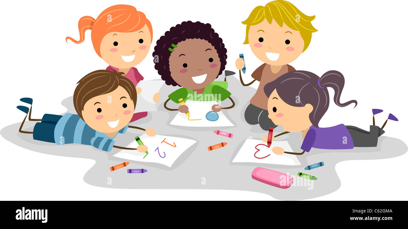 Illustration of Kids Drawing with Crayons Stock Photo