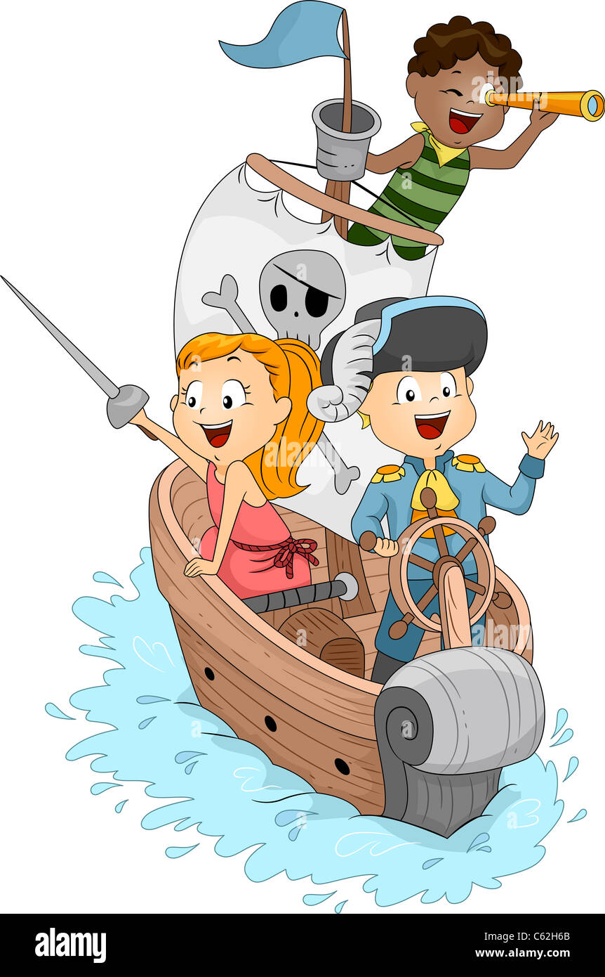 Illustration of Kids in a Pirate Ship Stock Photo - Alamy