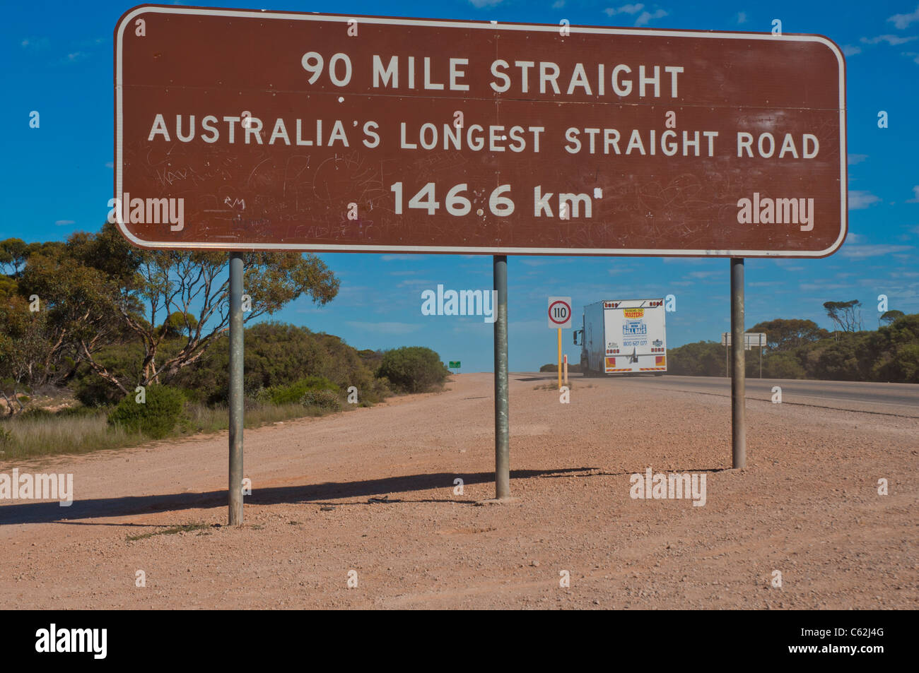 The Ninety Mile straight, the longest stretch of straight road on the continent of Australia Stock Photo