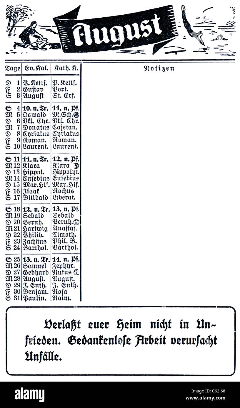 Calendar 1929: August Stock Photo - Alamy