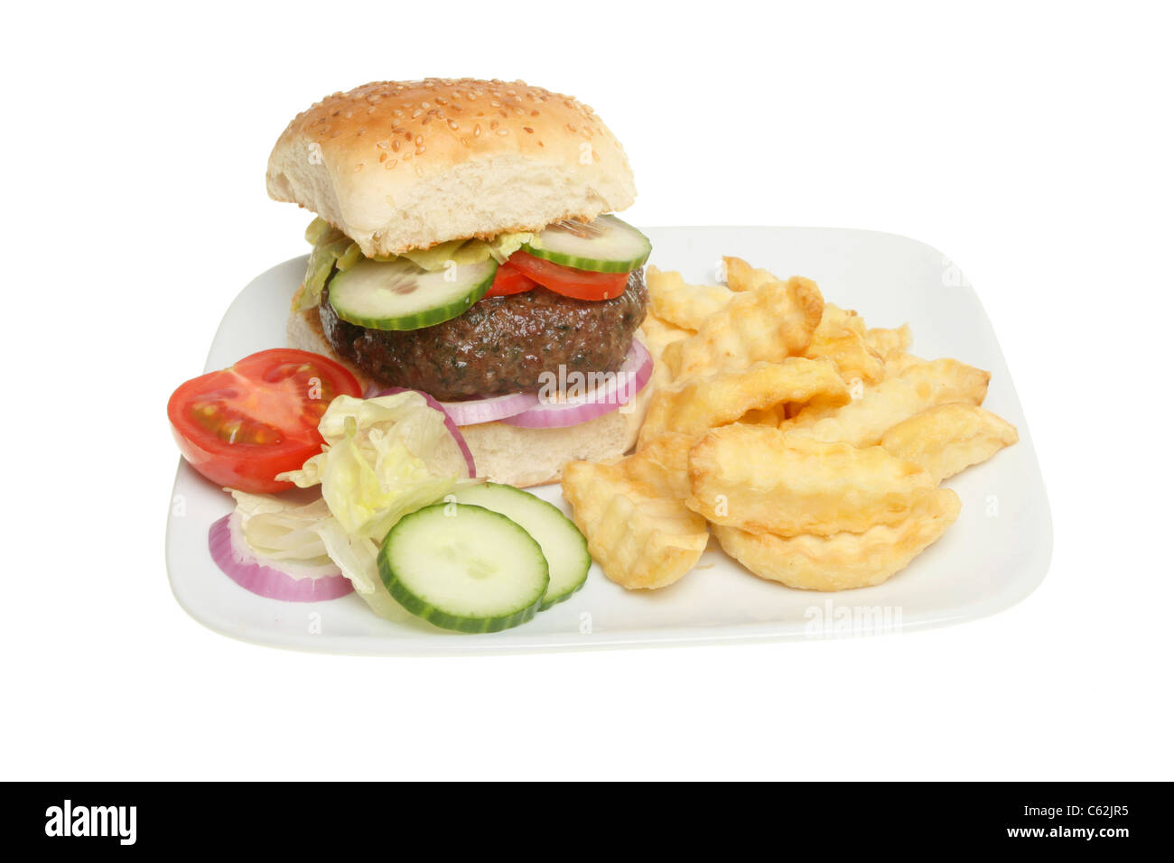 Hamburger salad and crinkle cut potato chips Stock Photo