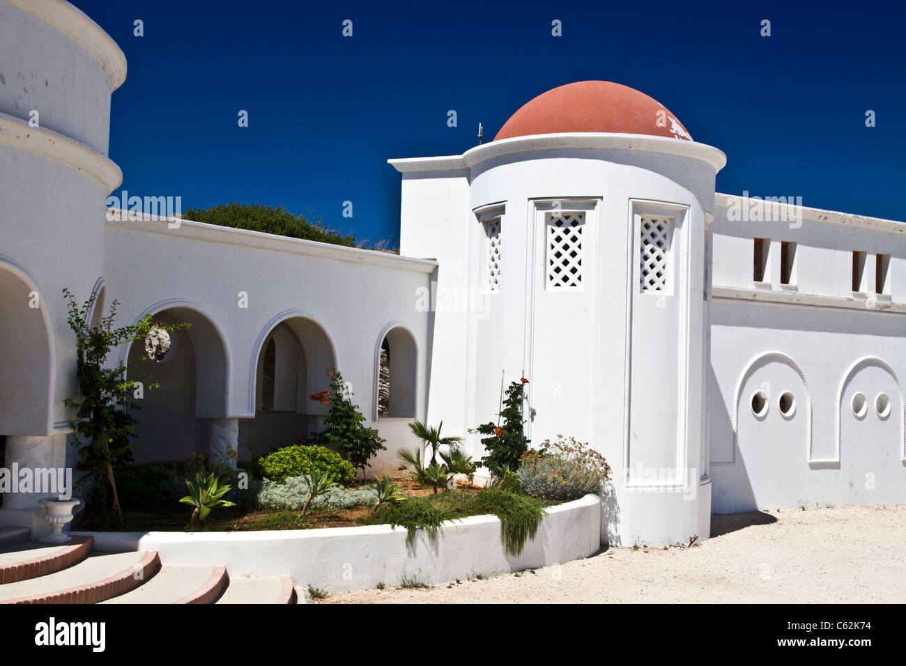 Beautiful old and white building in Rhodes Stock Photo