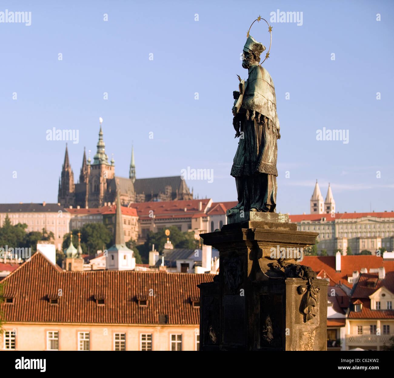 The statue of St.Jan Nepomucky stands on Charles Bridge in Prague, Czech Republic Stock Photo
