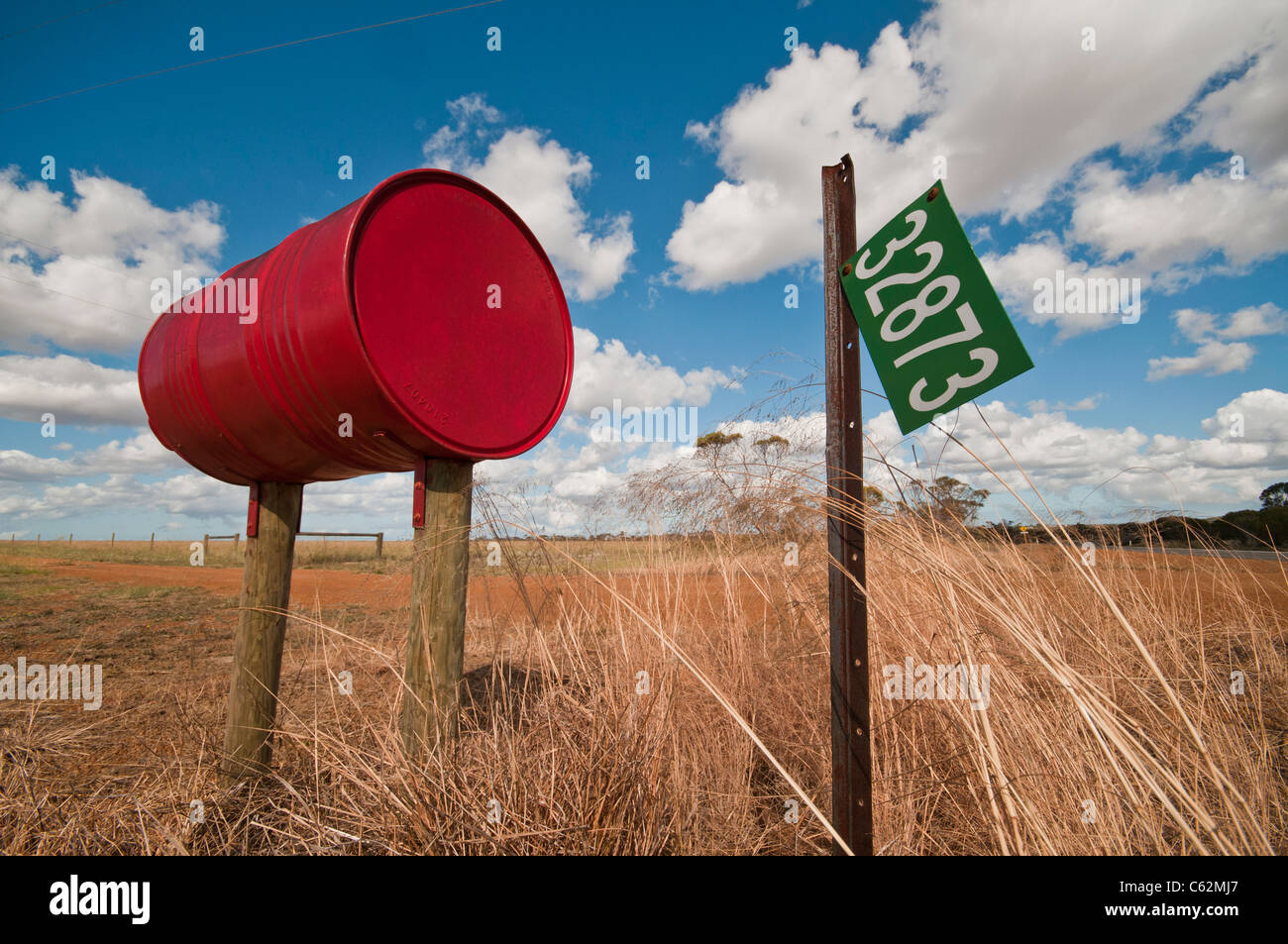 An Australian country mailbox made from a recycled oil drum Stock Photo