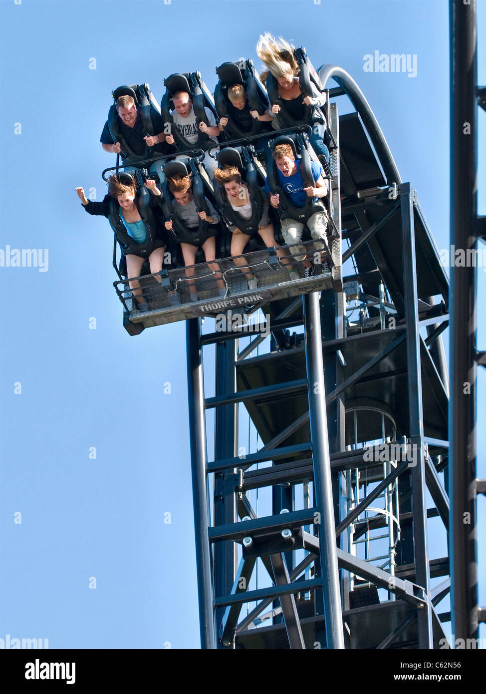 The Saw roller coaster ride, Thorpe Park Theme Park, Surrey, England, UK. Pleasure park and ride fun day out. (Close up) Stock Photo