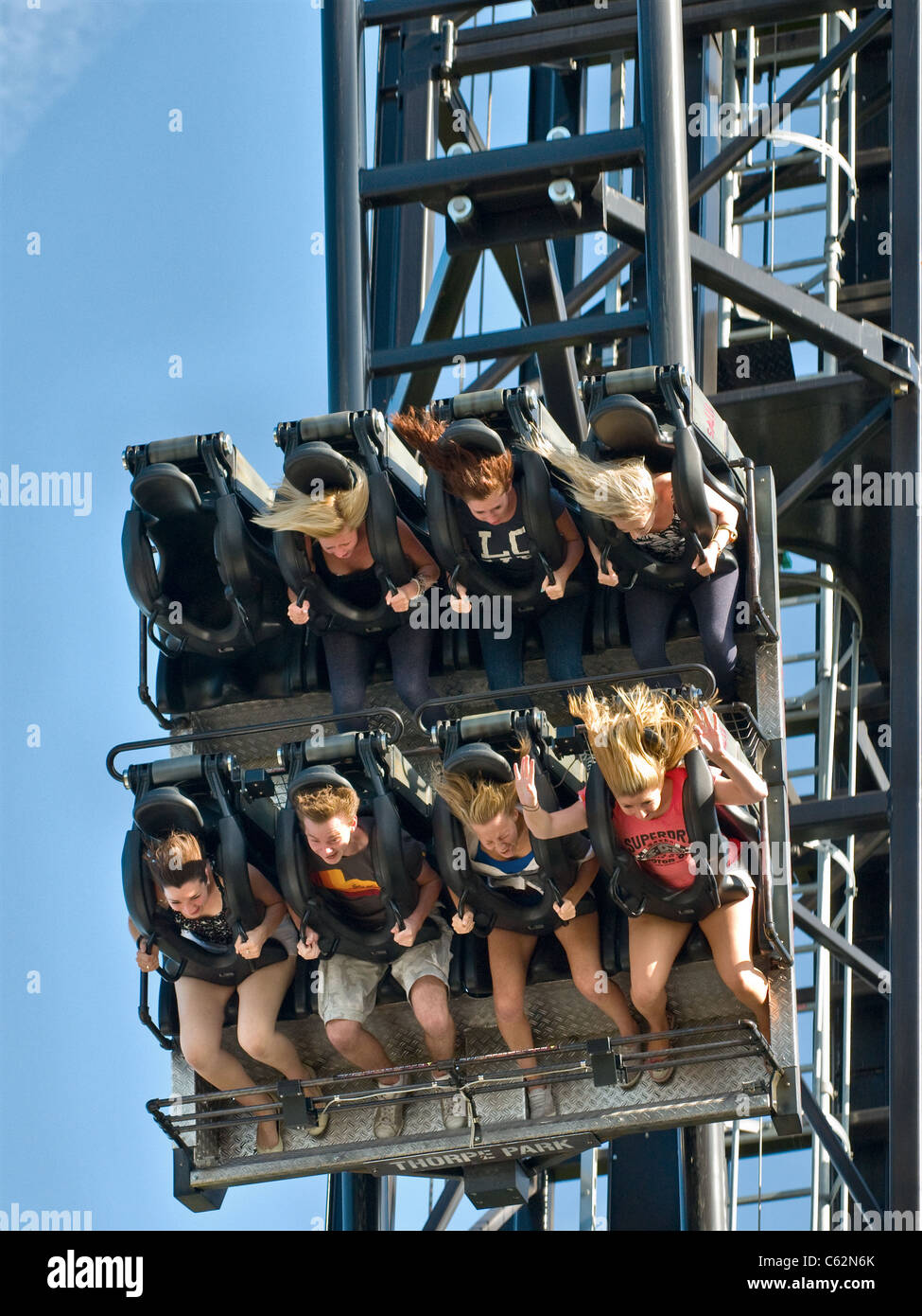 The Saw roller coaster ride, Thorpe Park Theme Park, Surrey, England, UK.  Pleasure park and ride fun day out. (Close up Stock Photo - Alamy