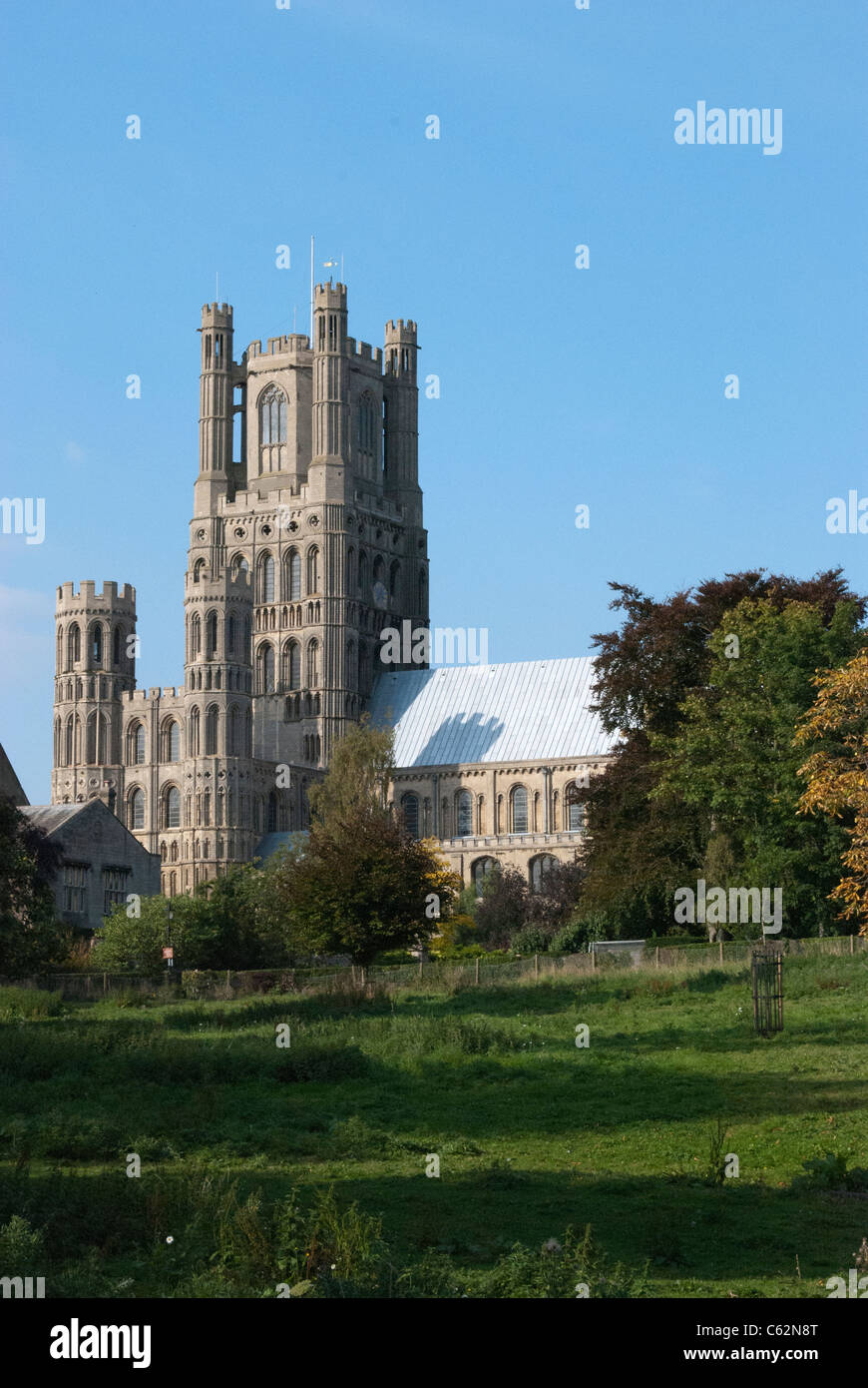 Ely Cathedral behind green fields with trees Stock Photo - Alamy
