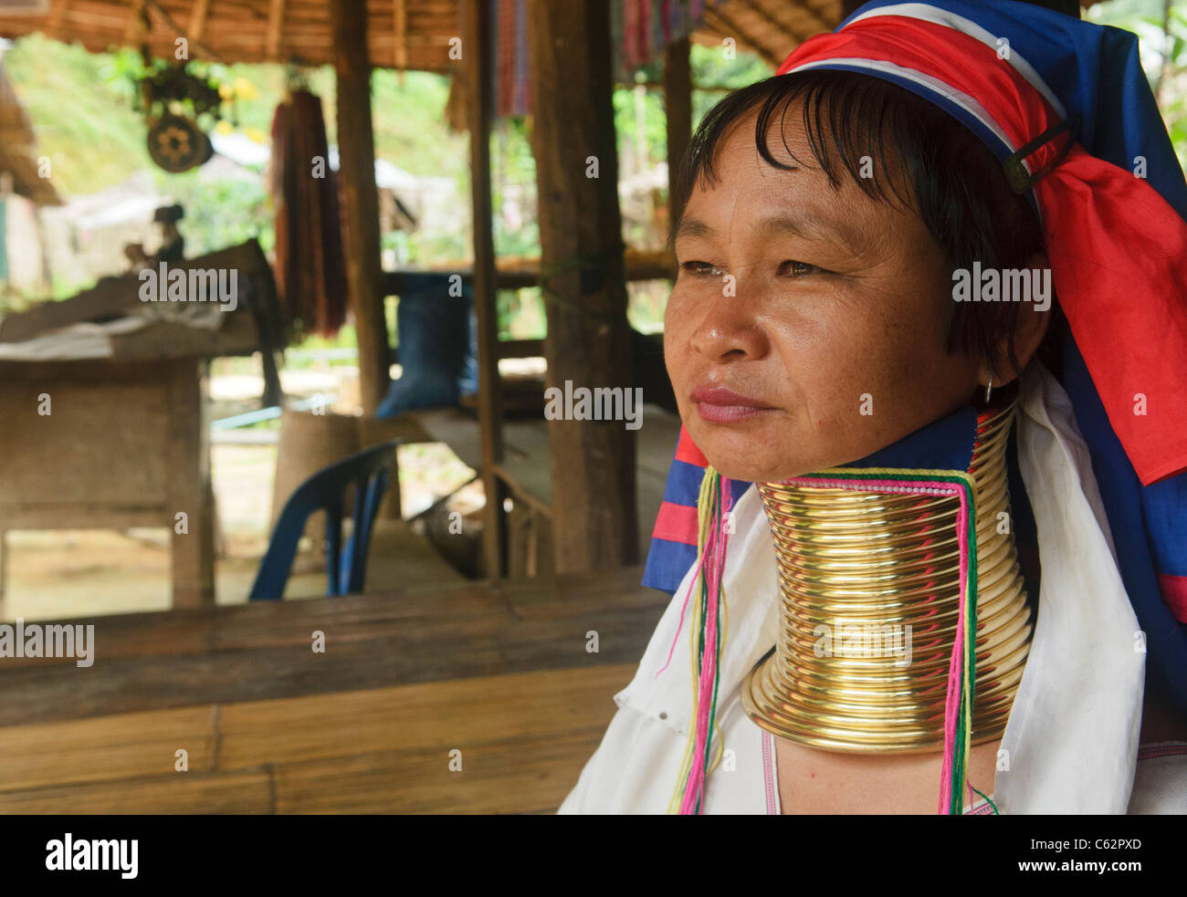 portrait of a Longneck Karen woman living in Ban Nai Soi in northern Thailand Stock Photo