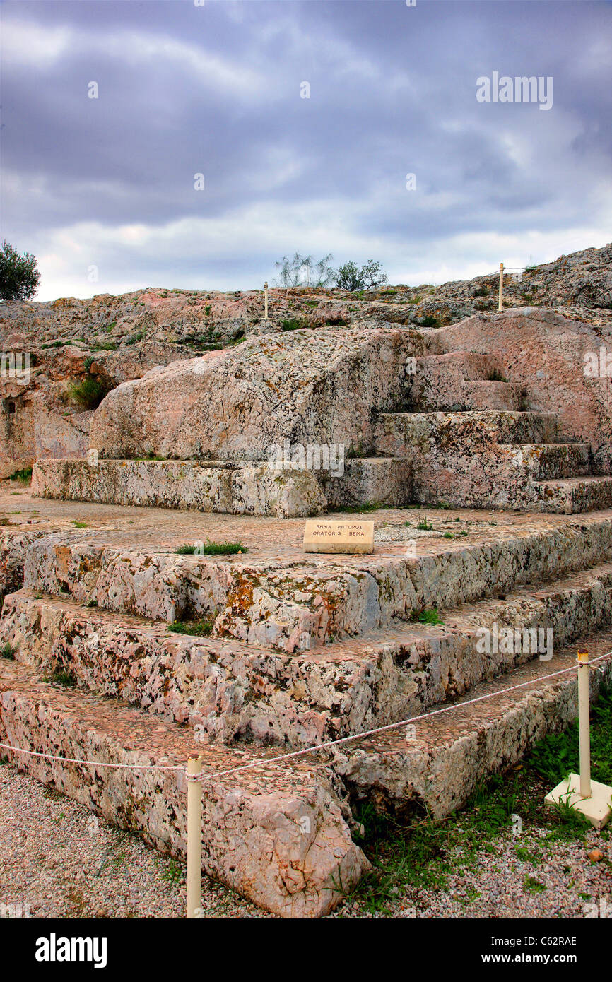 The 'Bema' or 'Vema' of Pnyx, where popular assemblies were taking place in Ancient Athens, Greece. Stock Photo