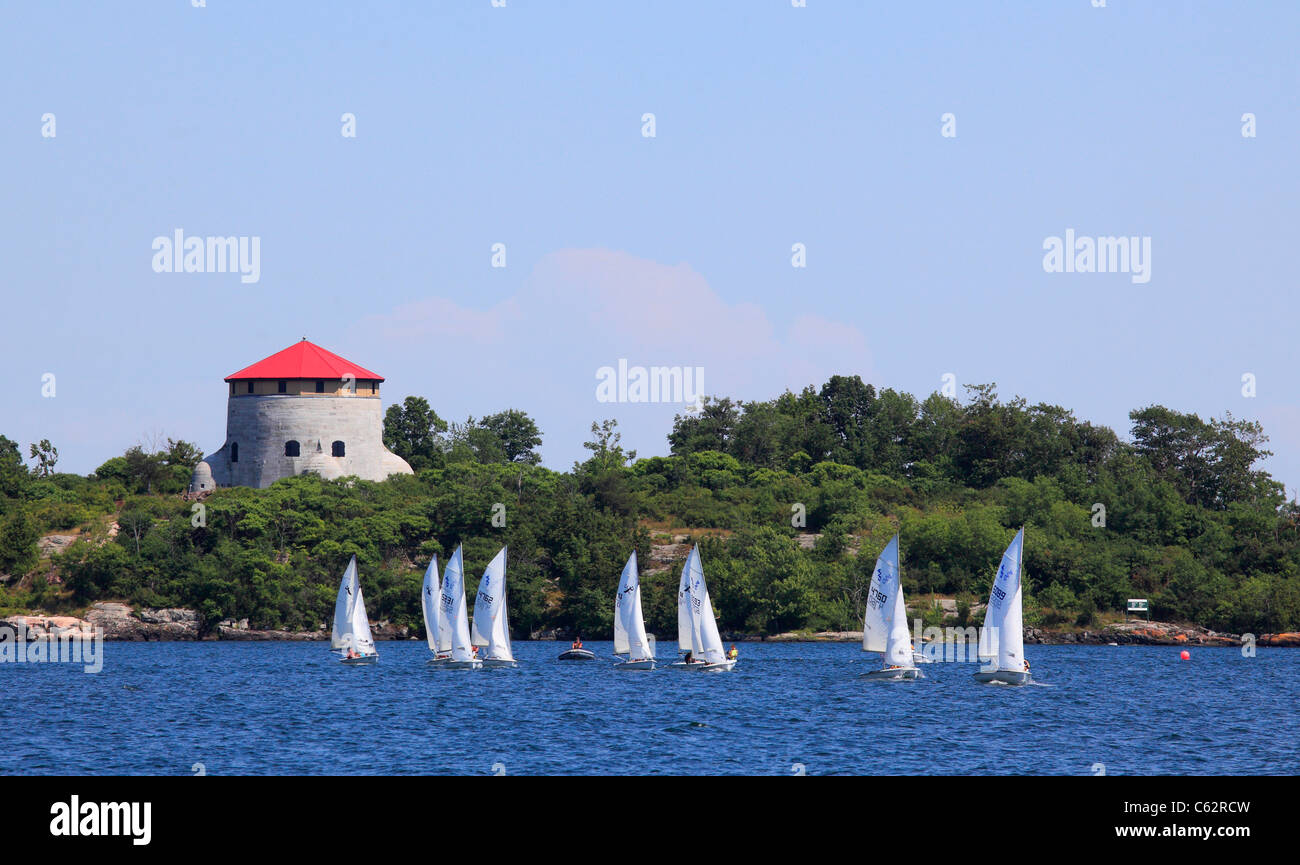Canada, Ontario, Kingston, Lake Ontario, sailboats, Fort Henry Martello Tower, Stock Photo
