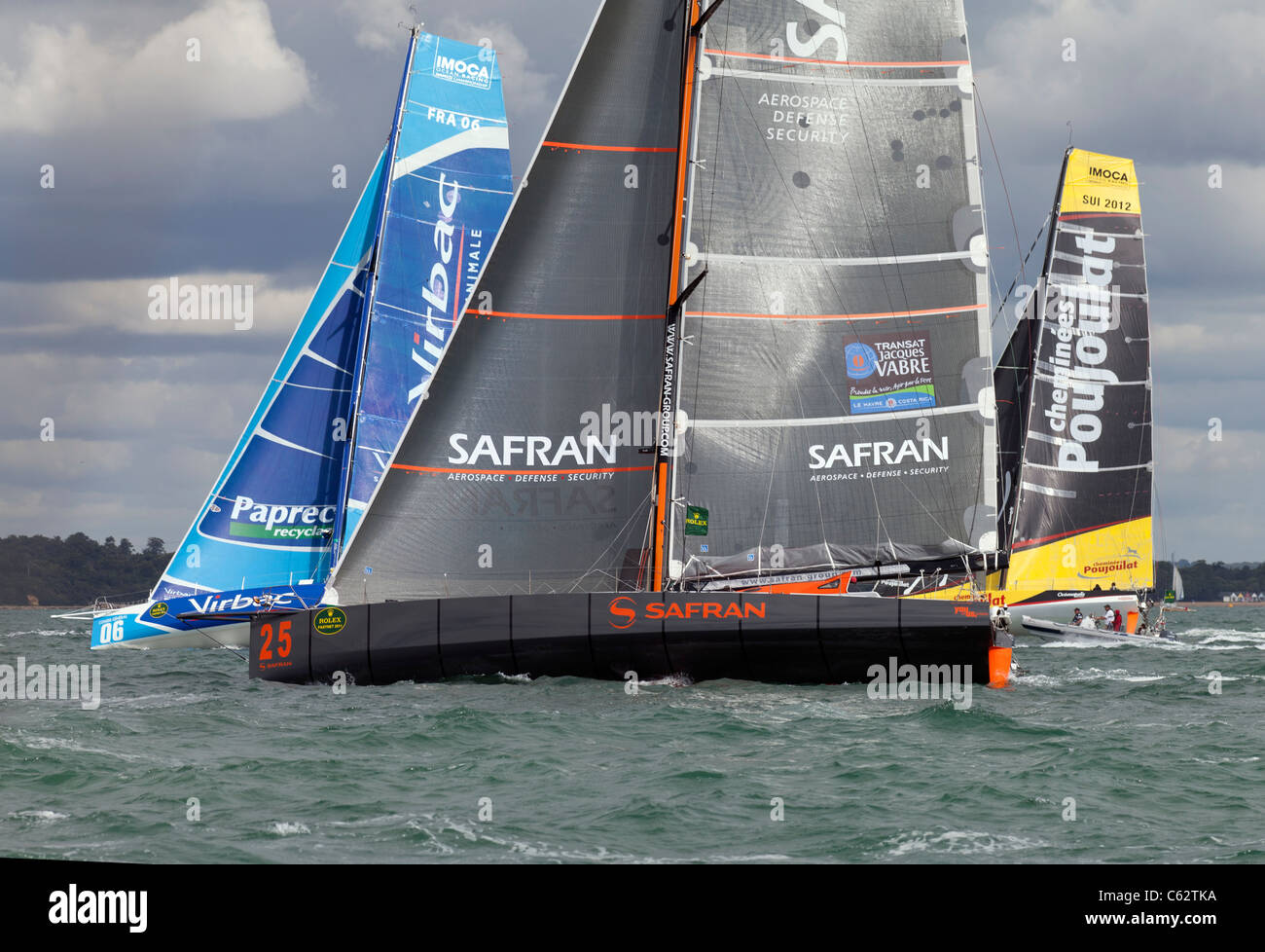 Gray sail racing yacht high tech modern performance fast carbon fibre Fastnet 2011 Race UK Solent Safran FRA 25 state of the art Stock Photo