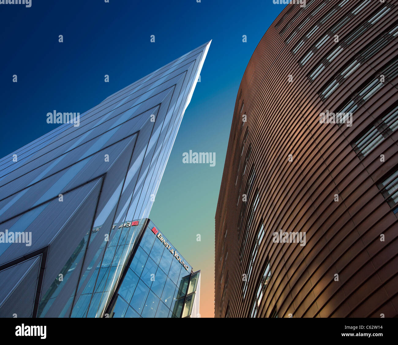 Modern office building sharp angle glass architecture Ernst & Young Headquarters, 1 More London Place wood cladding contrast Stock Photo