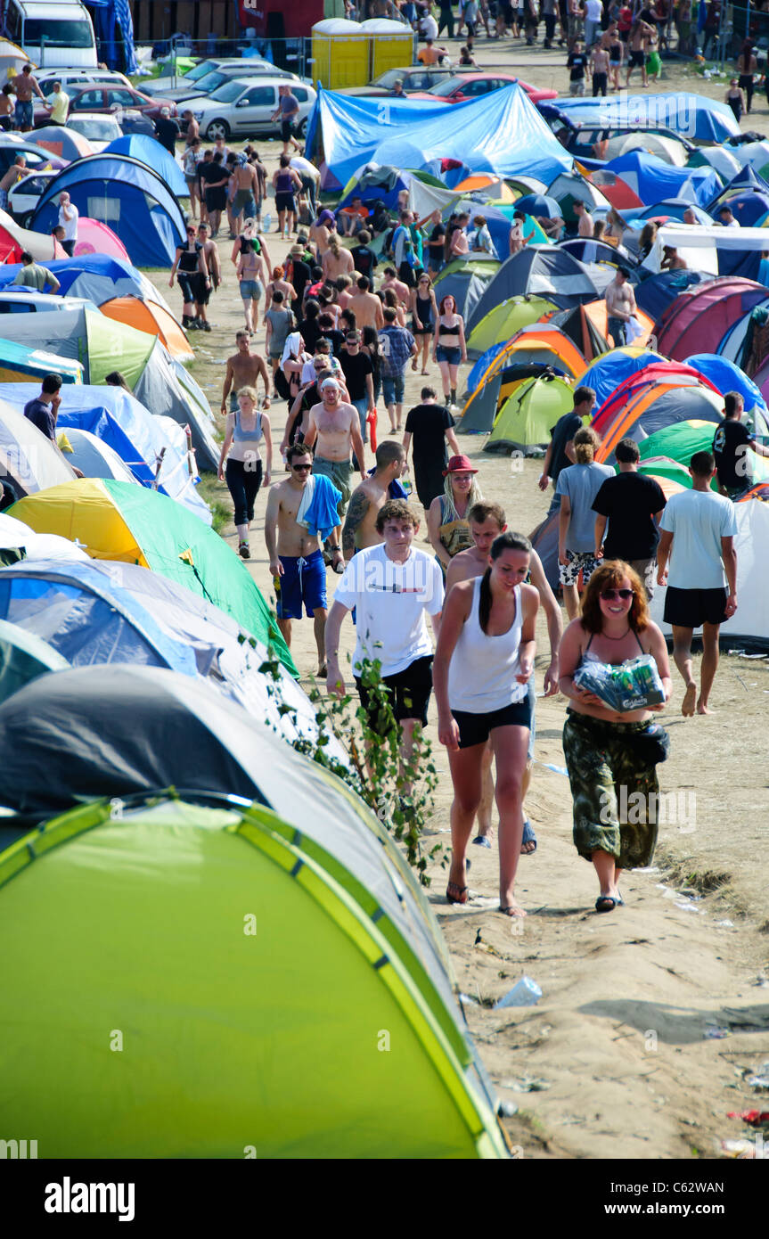 people walking by the tents at the Przystanek Woodstock - Europe's largest open air festival in Kostrzyn, Poland Stock Photo