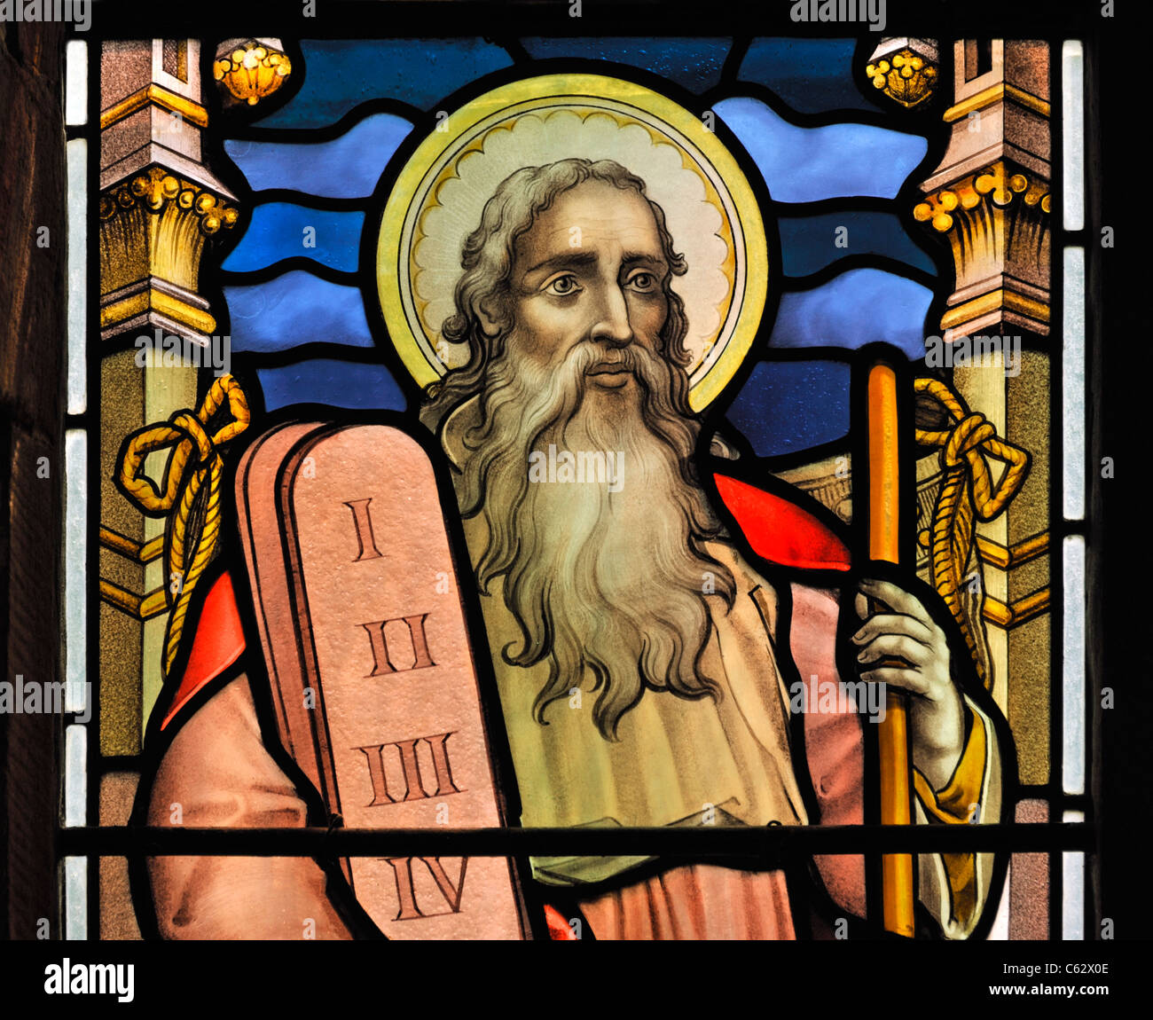 Moses, detail of South aisle window. Church of Saint Lawrence. Kirkland, Cumbria, England, United Kingdom, Europe. Stock Photo