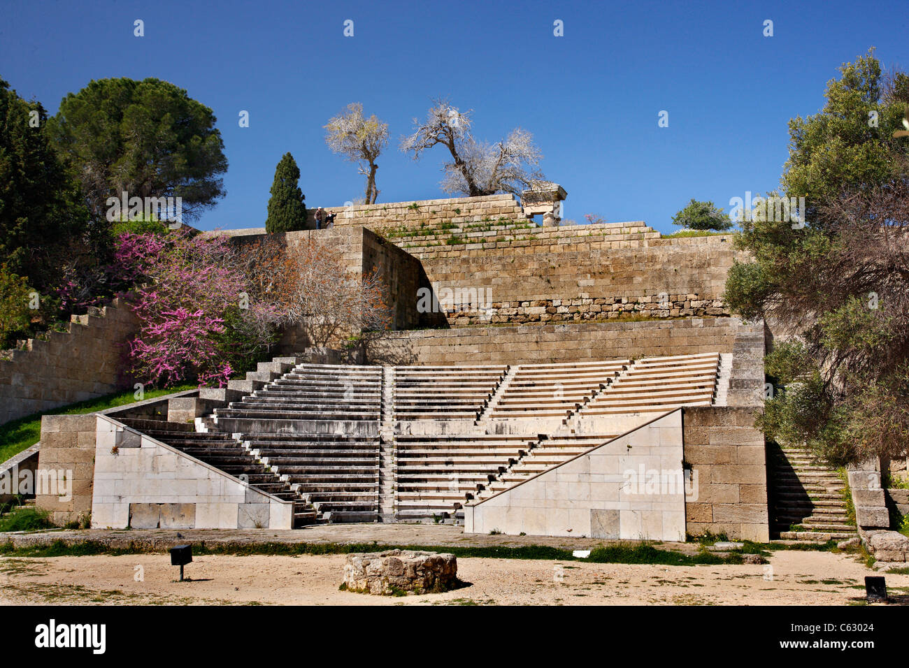 The restored marble theater at the hill of Monte Smith, site of the Acropolis of ancient Rhodes, Dodecanese, Greece. Stock Photo
