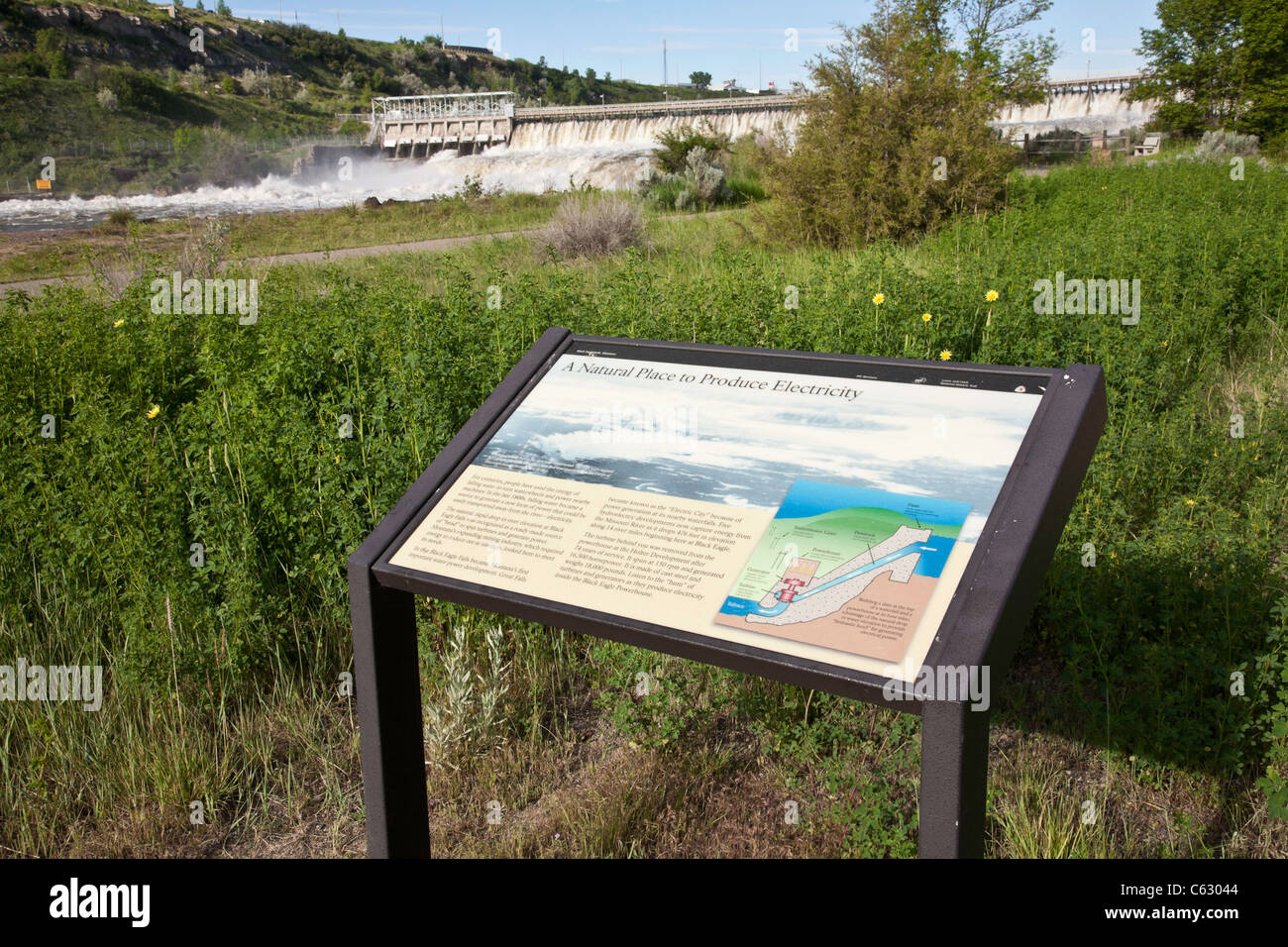 Black Eagle Falls Dam, Turbine Sign, Missouri River, Great Falls, MT Stock Photo