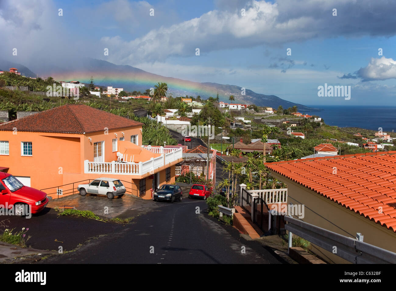 Rainbow over canarian houses at Mazo, La Palma, Canary islands, Spain, Europe Stock Photo