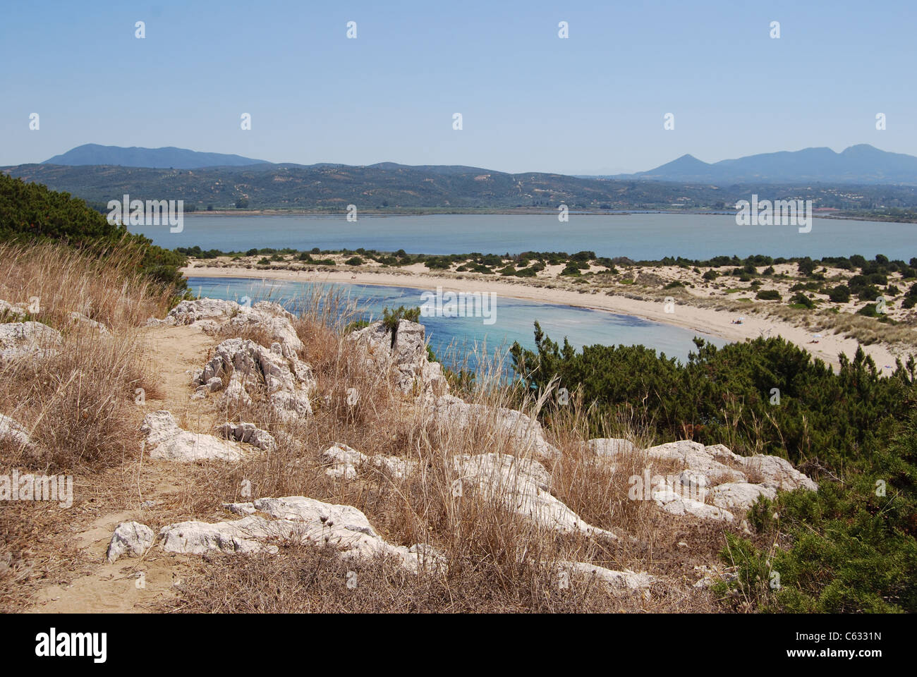 View of Voidokilia Bay, Gialova Lagoon and the Peloponnese mountains Stock Photo