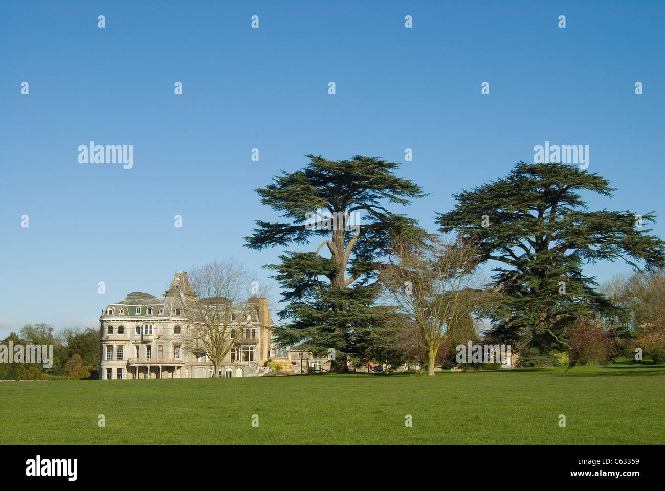 Park Place at Remenham near Henley in Berkshire, UK front facade with parkland and two cedar trees Stock Photo