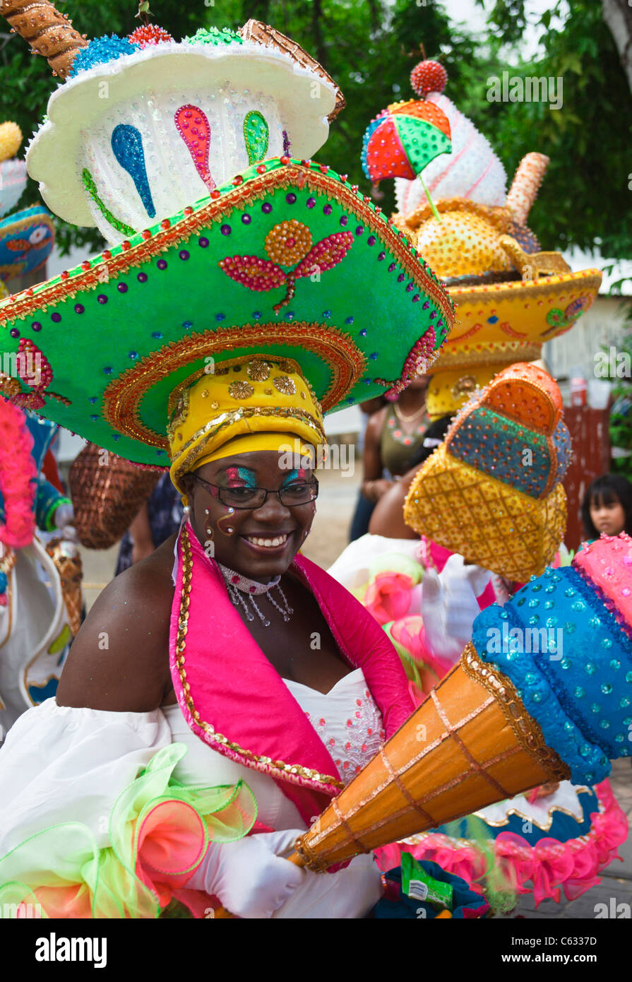 Colorfully costumed Curacao participant  in St. Maarten's Grand Parade during the 2011 Carnival in Philipsburg Stock Photo