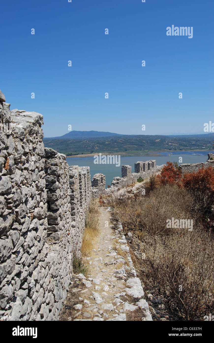 View of Gialova Lagoon and the Peloponnese mountains from the wall of the Old Frankish castle (Paliokastro) Stock Photo