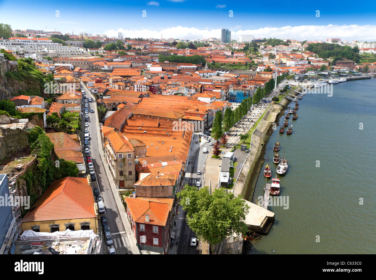 Port wine storage warehouses and transport boats at river Duoro in Vila Nova de Gaia opposite