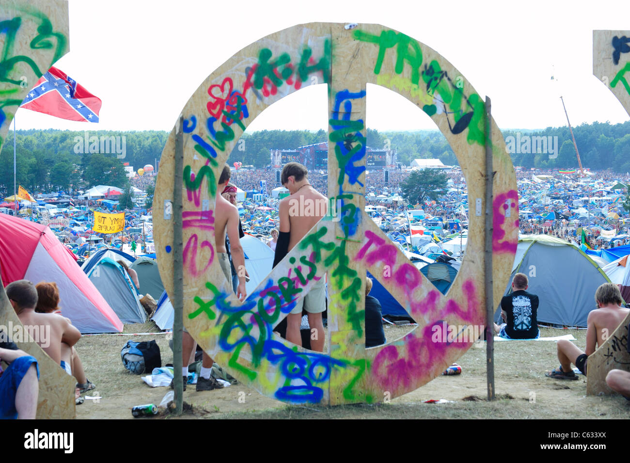 Peace symbol at the Przystanek Woodstock - Europe's largest open air festival in Kostrzyn, Poland Stock Photo