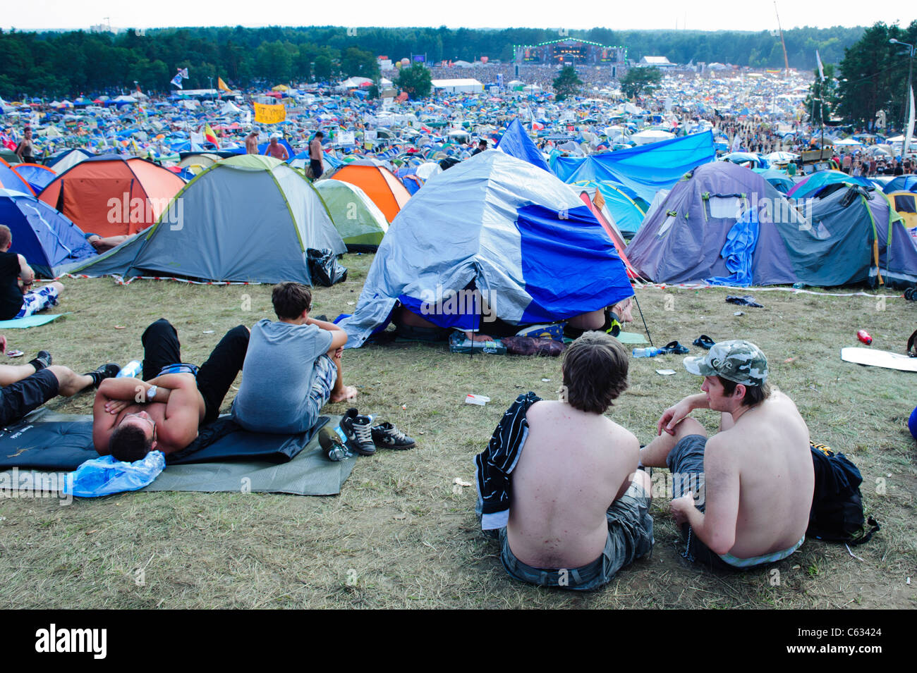 People enjoying at the Przystanek Woodstock - Europe's largest open air festival in Kostrzyn, Poland Stock Photo