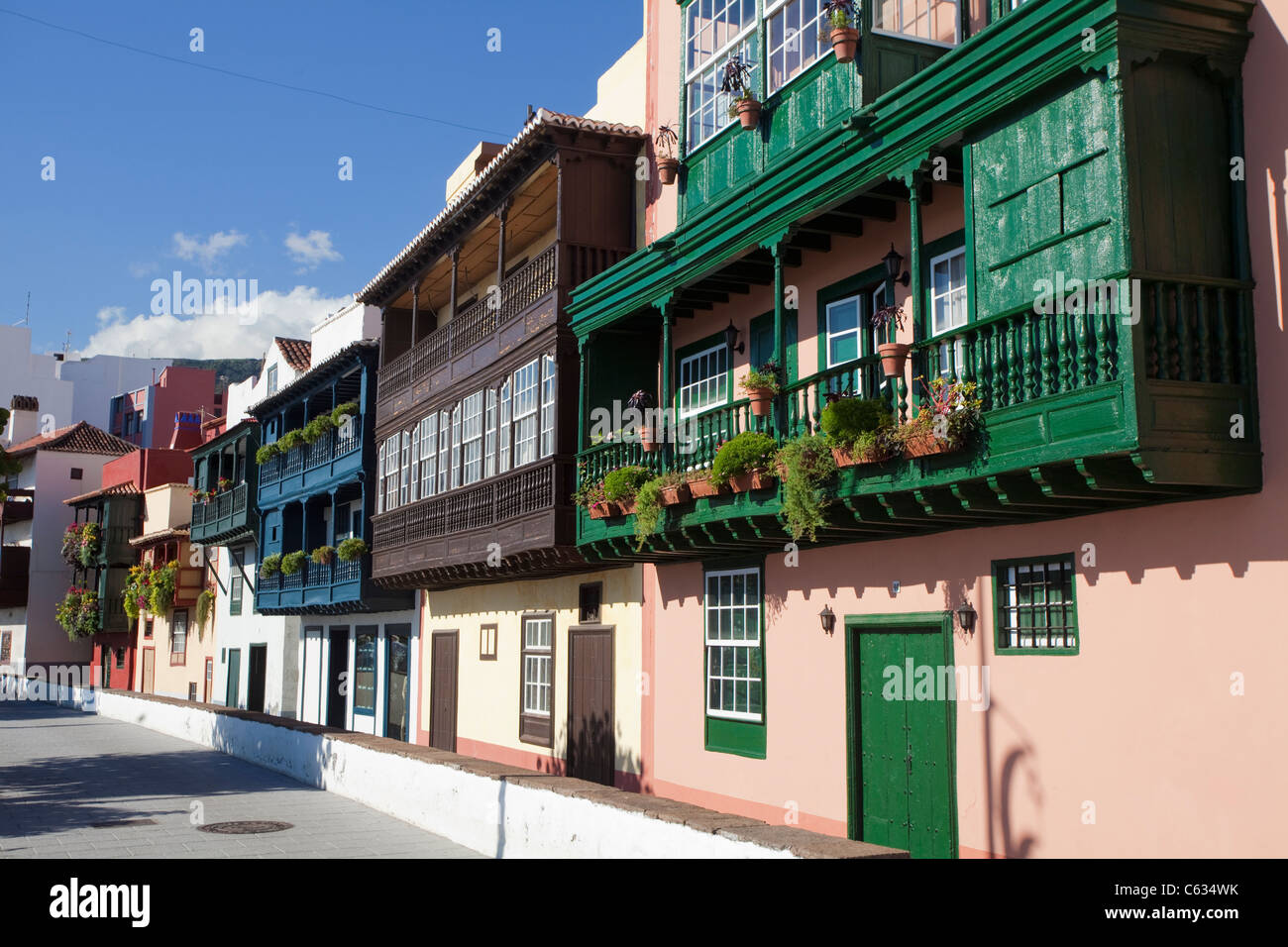 The characteristic balconies are landmarks of the town, Avenida Maritima, Santa Cruz, La Palma, Canary islands, Spain, Europe Stock Photo