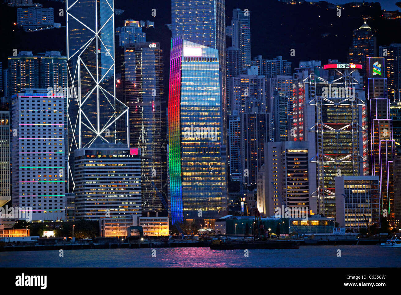 General view of Hong Kong harbour city skyline lights at night in Hong ...