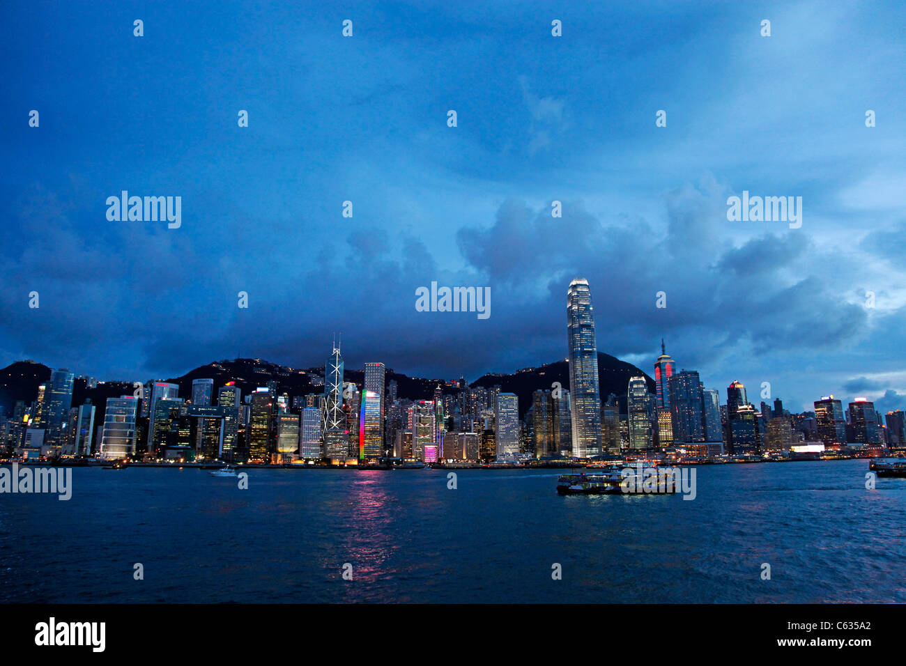 General view of Hong Kong harbour city skyline lights at night in Hong ...