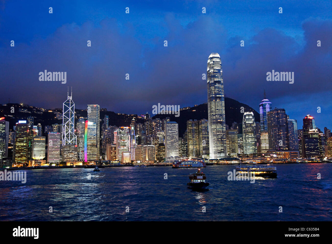 General view of Hong Kong harbour city skyline lights at night in Hong ...