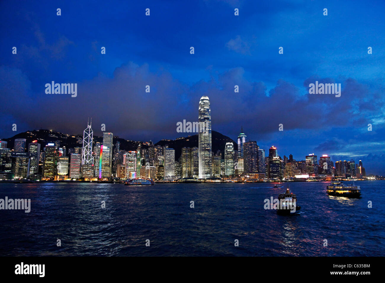 General view of Hong Kong harbour city skyline lights at night in Hong ...