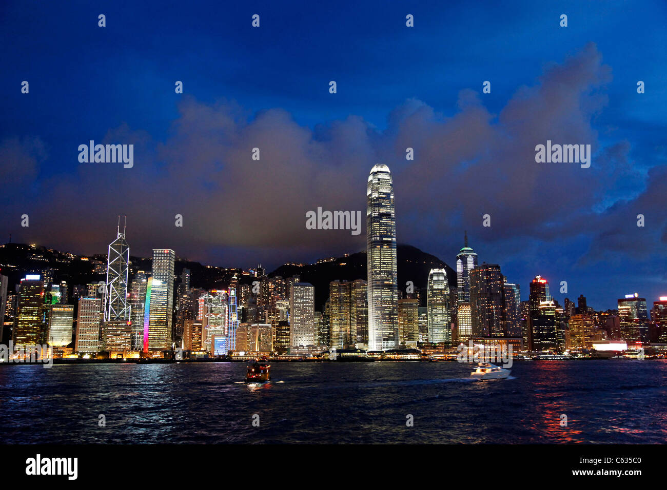 General view of Hong Kong harbour city skyline lights at night in Hong ...